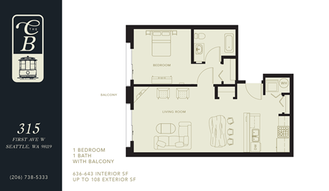 A floor plan for a property at 315 First Ave W in Seattle, WA showing a single bedroom with a bath and balcony.